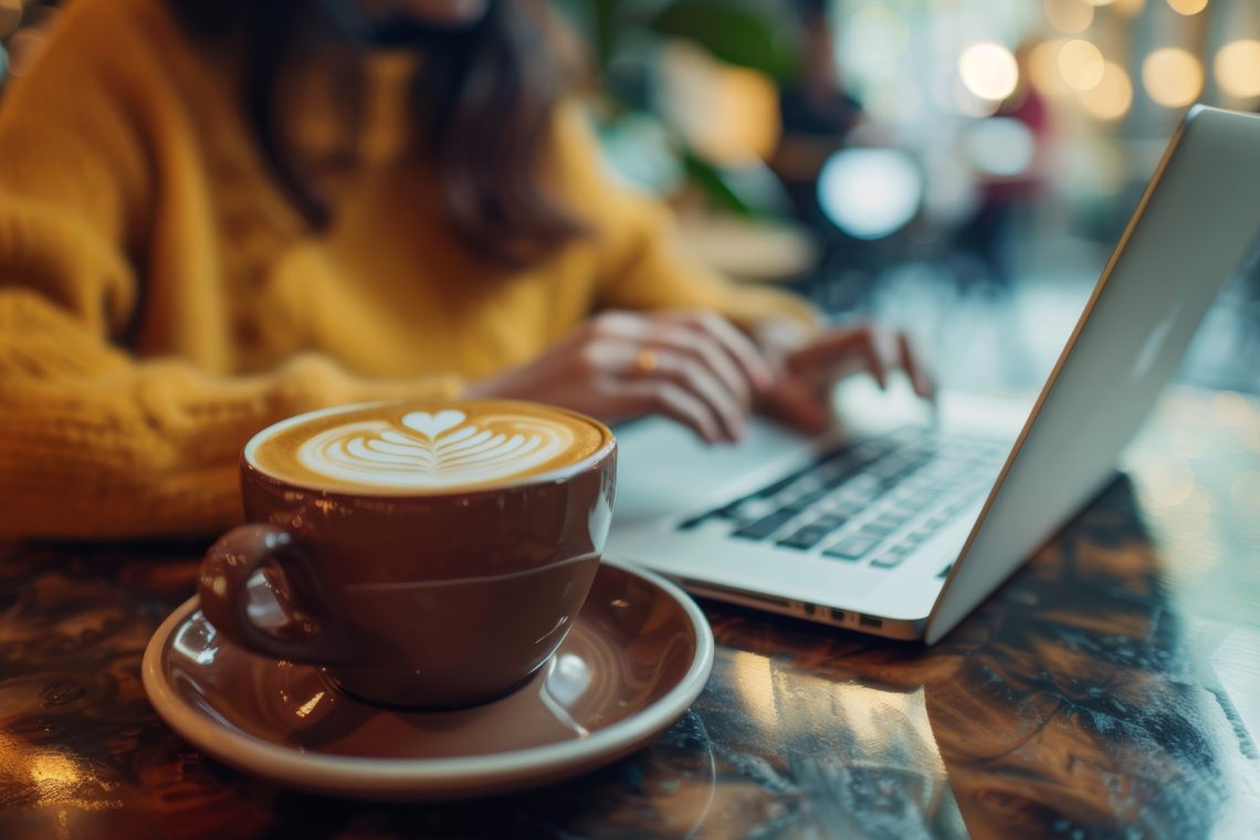 Laptop, typing, and a freelance woman with coffee in café, doing email or blog research. In coffee shop, freelance writer or author typing internet project.