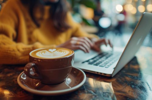 Laptop, typing, and a freelance woman with coffee in café, doing email or blog research. In coffee shop, freelance writer or author typing internet project.